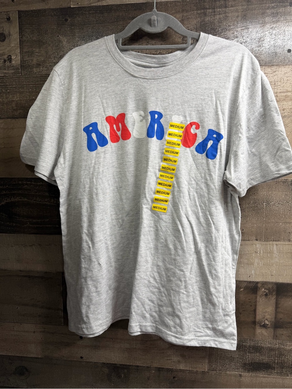 AMERICA Graphic Short Sleeve Tee - Light Gray with Red & Blue Print